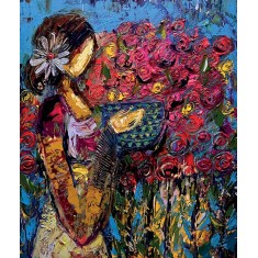 Shazly Khan, My love for flowers and morning tea!, 20 x 24 Inch, Acrylic on Canvas, Figurative Paintings, AC-SZK-145